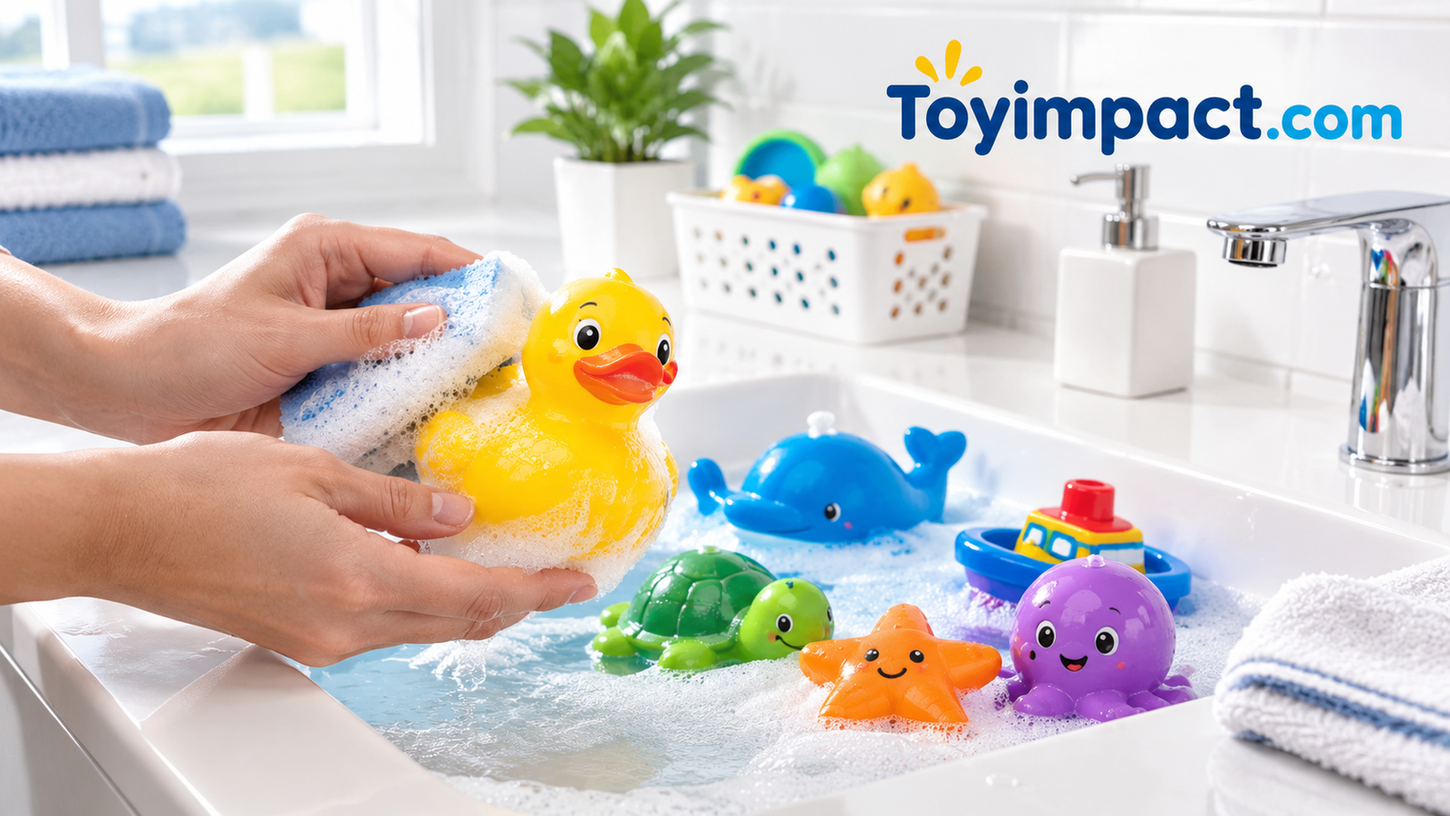 Rubber duck and colorful bath toys being cleaned in a bright, spotless bathroom