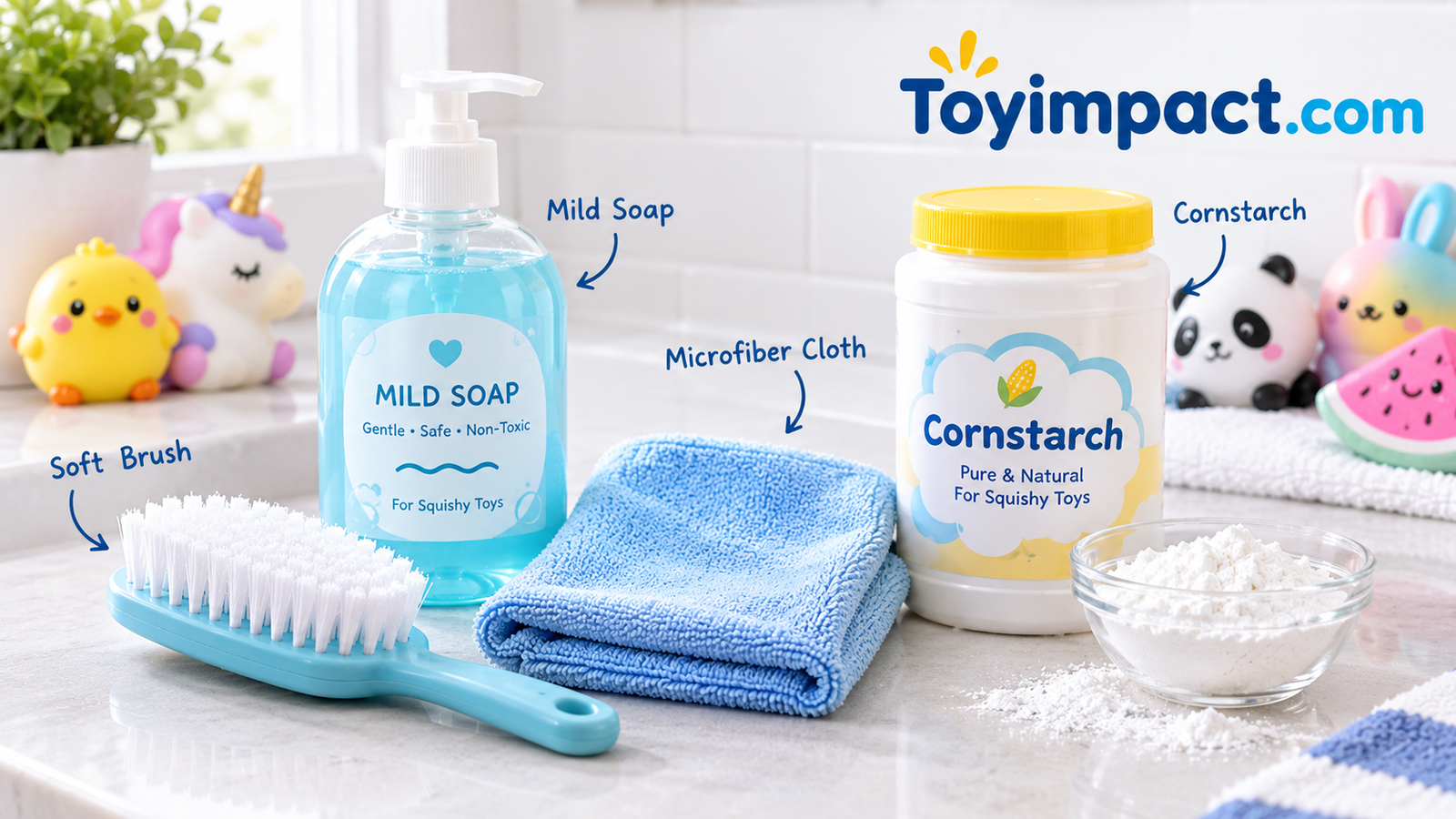 Set of cleaning supplies for squishy toys including a soft brush, mild soap, microfiber cloth and cornstarch