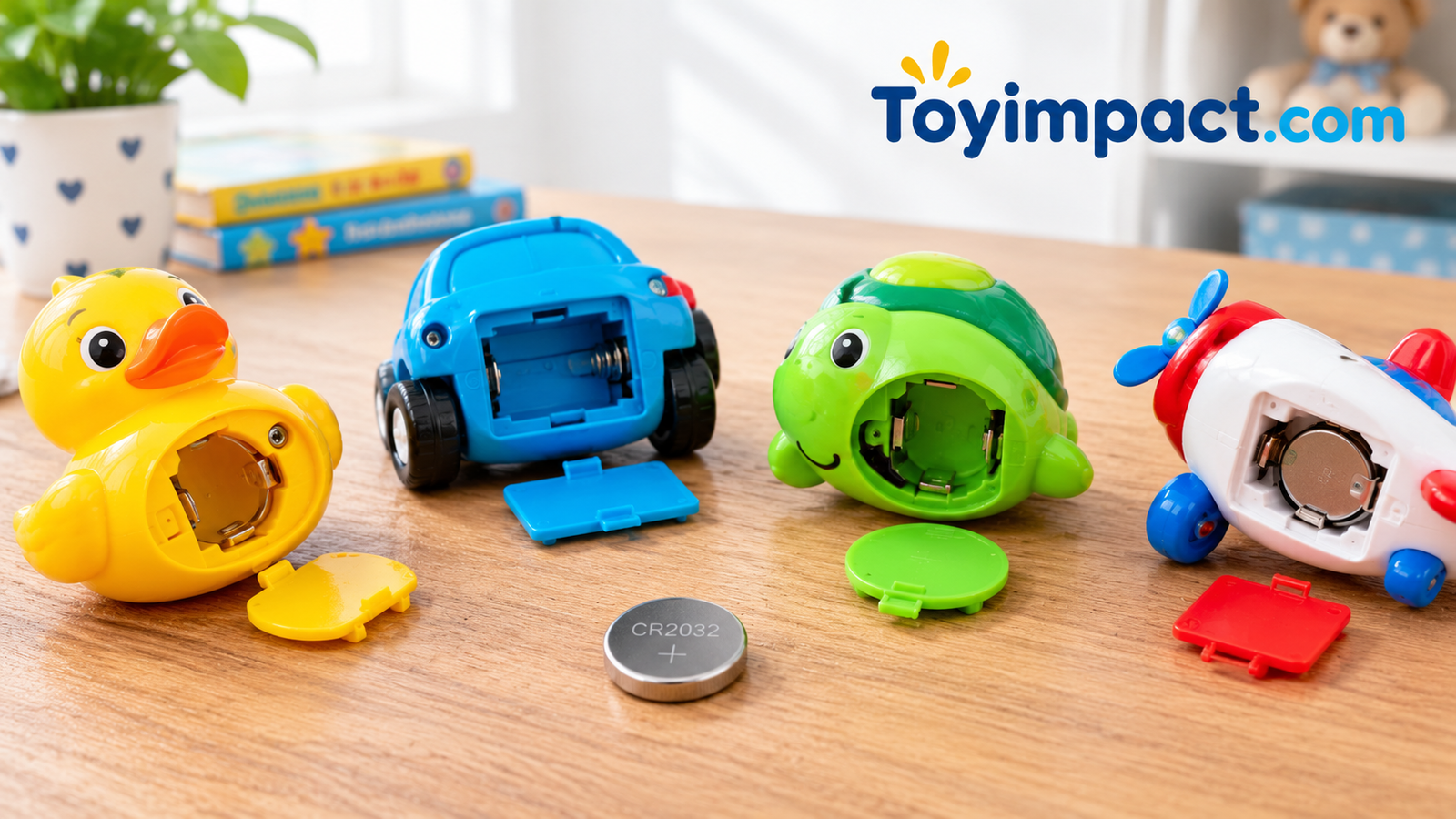Small toys with battery compartments next to a coin cell battery on a table