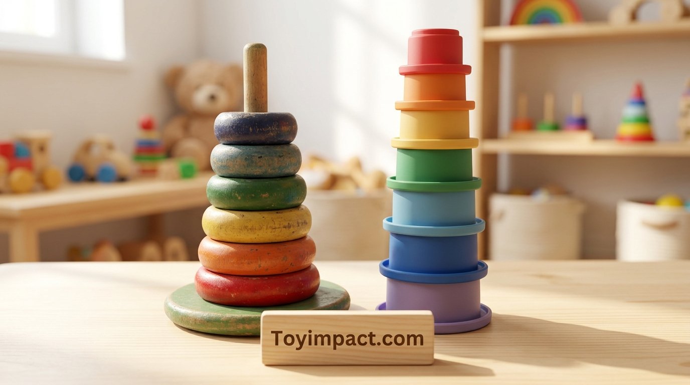 Vintage wooden ring stacker next to a modern silicone stacking cup set